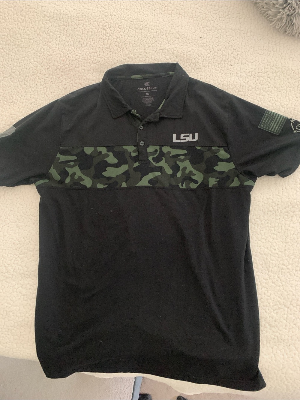 Colosseum Black Polo with Green Camo Chest Stripe - LSU